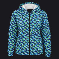 A women's zip-up hoodie featuring a blue, green, and navy camouflage pattern, with a white hood lining and a black front zipper, shown on a plain white background.