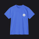 A royal blue short-sleeve crewneck pocket t-shirt with a small white circular logo on the left chest pocket, displayed on a clean white background.