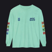 A mint green long-sleeve t-shirt with 'HOC SLOTS' printed in blue on the left chest and colorful graphic prints on both sleeves, shown against a plain white background.