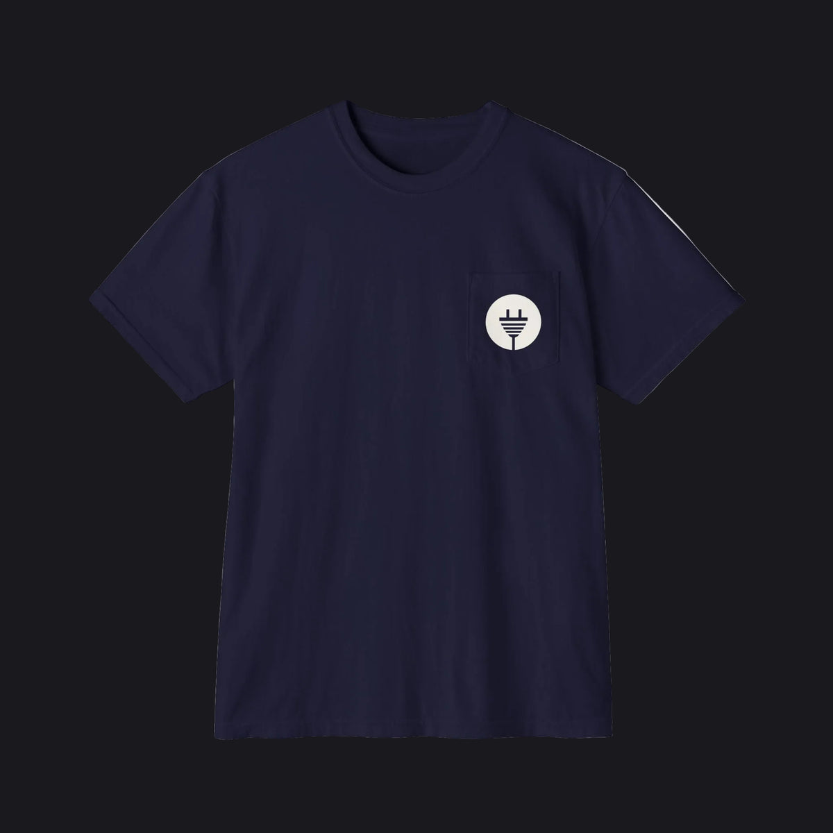 Black t-shirt with a small green logo on a gray background