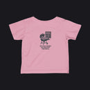 A pink short-sleeve baby t-shirt shown from the back, featuring a black graphic of a grill and the text 'MY DAD COOKS ON AND OFF THE GRILL'.