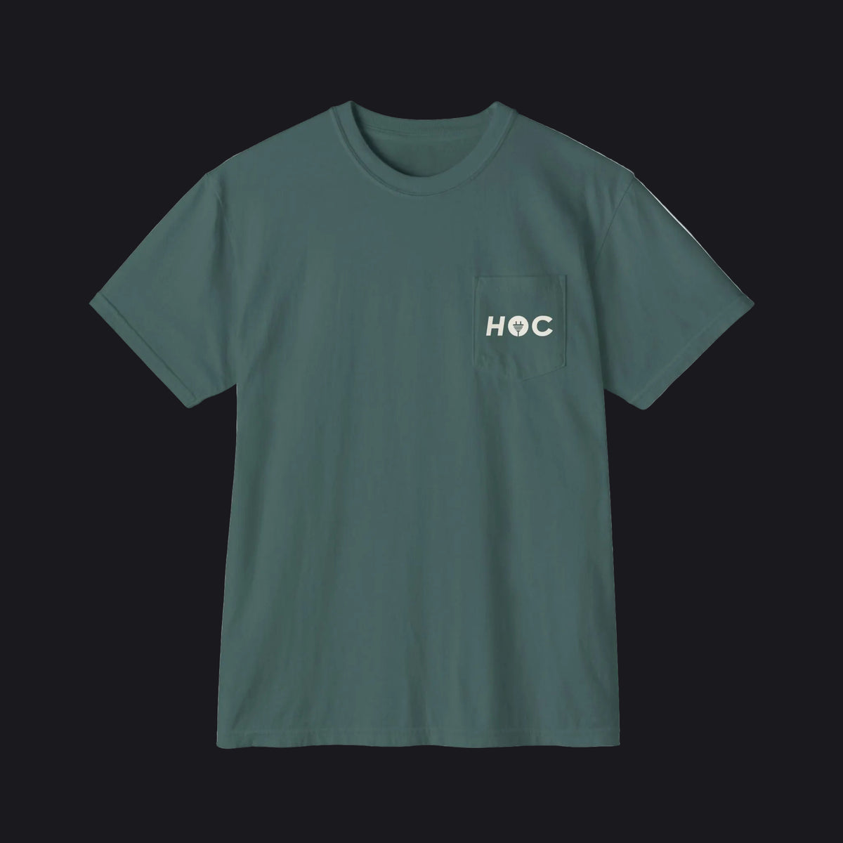 A dark green crewneck t-shirt with a left chest pocket featuring the white text 'HOC' printed on it, displayed against a solid white background.