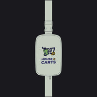 A light sage green belt bag with a buckle strap, featuring a printed graphic of a green shopping cart and the text 'HOUSE OF CARTS' in navy blue and yellow.