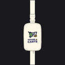 An off-white plastic belt bag with a strap, featuring a printed graphic of a green shopping cart and the text 'HOUSE OF CARTS' in navy blue.