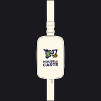 An off-white plastic belt bag with a strap, featuring a printed graphic of a green shopping cart and the text 'HOUSE OF CARTS' in navy blue.