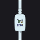 A light blue rectangular belt bag with a strap, featuring a printed graphic of a green shopping cart and the text 'HOUSE OF CARTS' in navy and gold, shown on a plain white background.