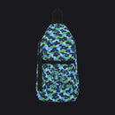 A blue and green camouflage sling backpack with a black top strap and black zipper details, featuring a front pocket with a shopping cart graphic and the text 'LOUS GARTS' on a white background.