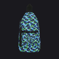 A blue and green camouflage sling backpack with a black top strap and black zipper details, featuring a front pocket with a shopping cart graphic and the text 'LOUS GARTS' on a white background.