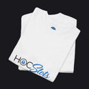 A folded white t-shirt with a graphic print reading 'HOC Slots' in black and blue, displayed on a clean white background.