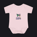 A light pink short-sleeve baby bodysuit with a 'HOUSE OF CARTS' graphic printed on the chest, displayed on a clean white background.