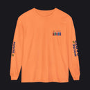 An orange long-sleeve t-shirt with a small multicolor graphic on the left chest and navy blue text on both sleeves, displayed on a clean white background.