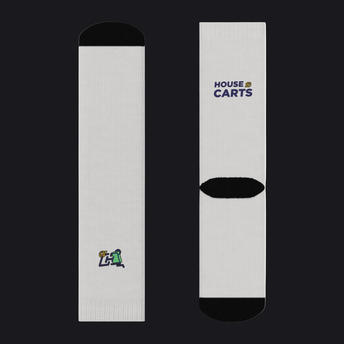 A pair of white crew socks shown from both the front and back views against a plain white background. The front view features a small multicolor logo near the foot, while the back view features the 'HOUSE OF CARTS' logo in navy blue and gold near the calf, with a black ribbed heel and toe.
