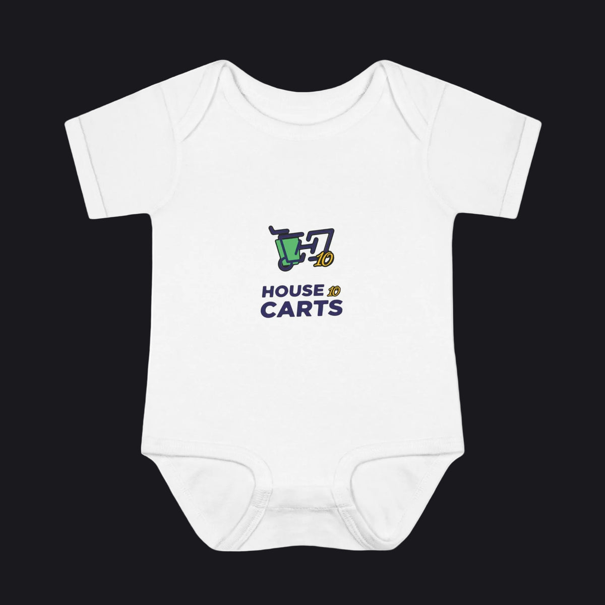 A white short-sleeve baby bodysuit with a graphic on the chest showing a green and yellow shopping cart and the text 'HOUSE OF CARTS' in navy blue, displayed on a clean white background.