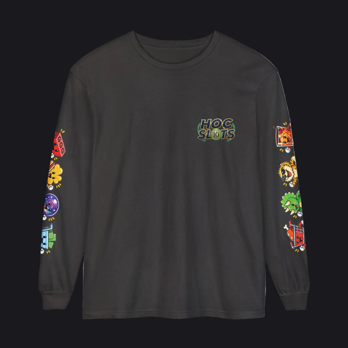 A black long-sleeve t-shirt with a colorful 'HOG SLOTS' logo on the left chest and various colorful retro game-themed graphics printed down both sleeves, shown against a plain white background.