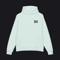 Light blue hoodie with text on the chest against a white background