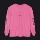 A pink long-sleeve t-shirt with 't!rep' printed in black on the chest and 'HOUSE OF CARE' with a small yellow graphic on both sleeves, shown on a plain white background.