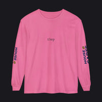A pink long-sleeve t-shirt with 't!rep' printed in black on the chest and 'HOUSE OF CARE' with a small yellow graphic on both sleeves, shown on a plain white background.