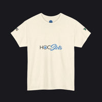 An off-white speckled short-sleeve t-shirt with 'HOC Slots' printed in blue and black across the chest, displayed on a clean white background.