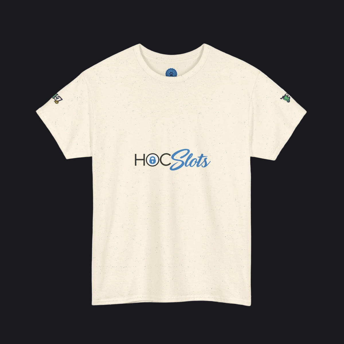 An off-white speckled short-sleeve t-shirt with 'HOC Slots' printed in blue and black across the chest, displayed on a clean white background.