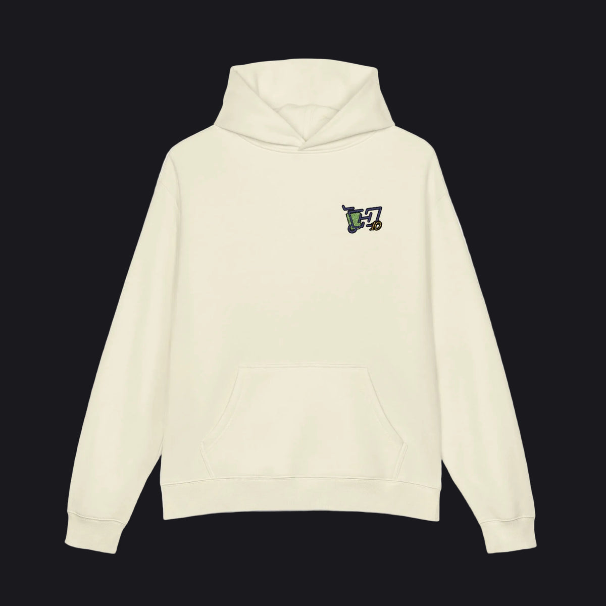 Beige hoodie with a logo on the chest on a white background