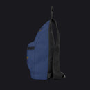 Blue sling bag with black strap on a white background