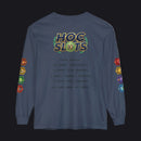 A navy blue long-sleeve t-shirt shown from the back, featuring a large 'HOC SLOTS 10' graphic with gold, green, and orange accents, and various colorful hexagonal game-themed icons printed down both sleeves.
