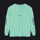 A mint green long-sleeve t-shirt with 'tlrep' printed in black across the chest and 'HOUSE CARDS' with a small yellow logo on both sleeves, shown on a plain white background.