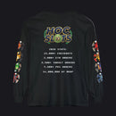 A black long-sleeve t-shirt with a detailed graphic on the back and colorful sleeve prints, displayed against a solid white background.