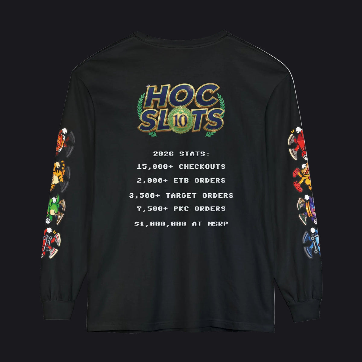 A black long-sleeve t-shirt with a detailed graphic on the back and colorful sleeve prints, displayed against a solid white background.