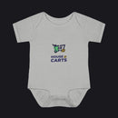 A light heather gray short-sleeve baby bodysuit featuring a 'HOUSE OF CARTS' graphic on the chest with a green shopping cart and gold and navy text, displayed on a clean white background.