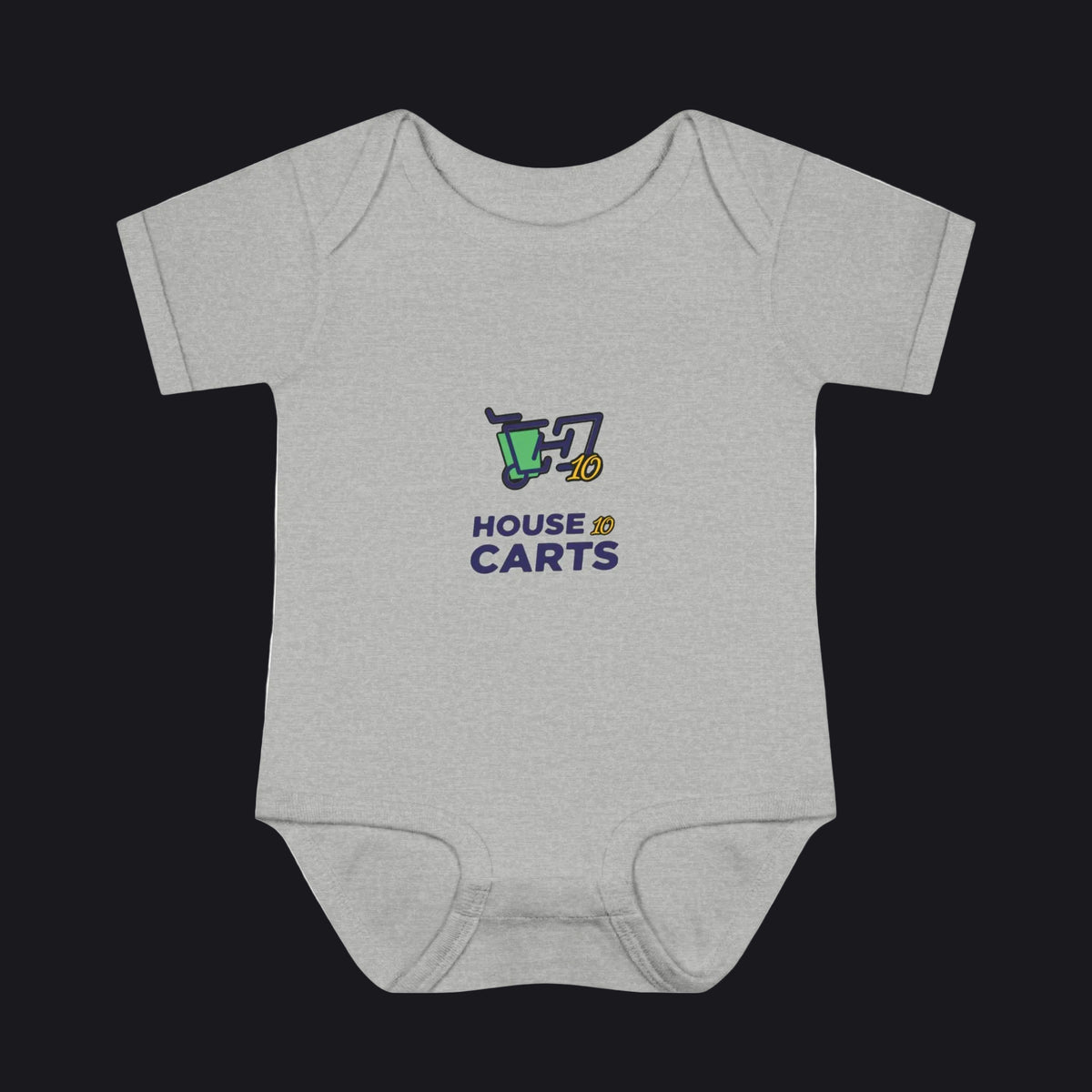 A light heather gray short-sleeve baby bodysuit featuring a 'HOUSE OF CARTS' graphic on the chest with a green shopping cart and gold and navy text, displayed on a clean white background.