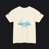 An off-white speckled short-sleeve t-shirt with a 'HOC Slots' logo printed on the chest, featuring light blue baby footprints behind the text. The t-shirt is displayed flat against a clean white background.