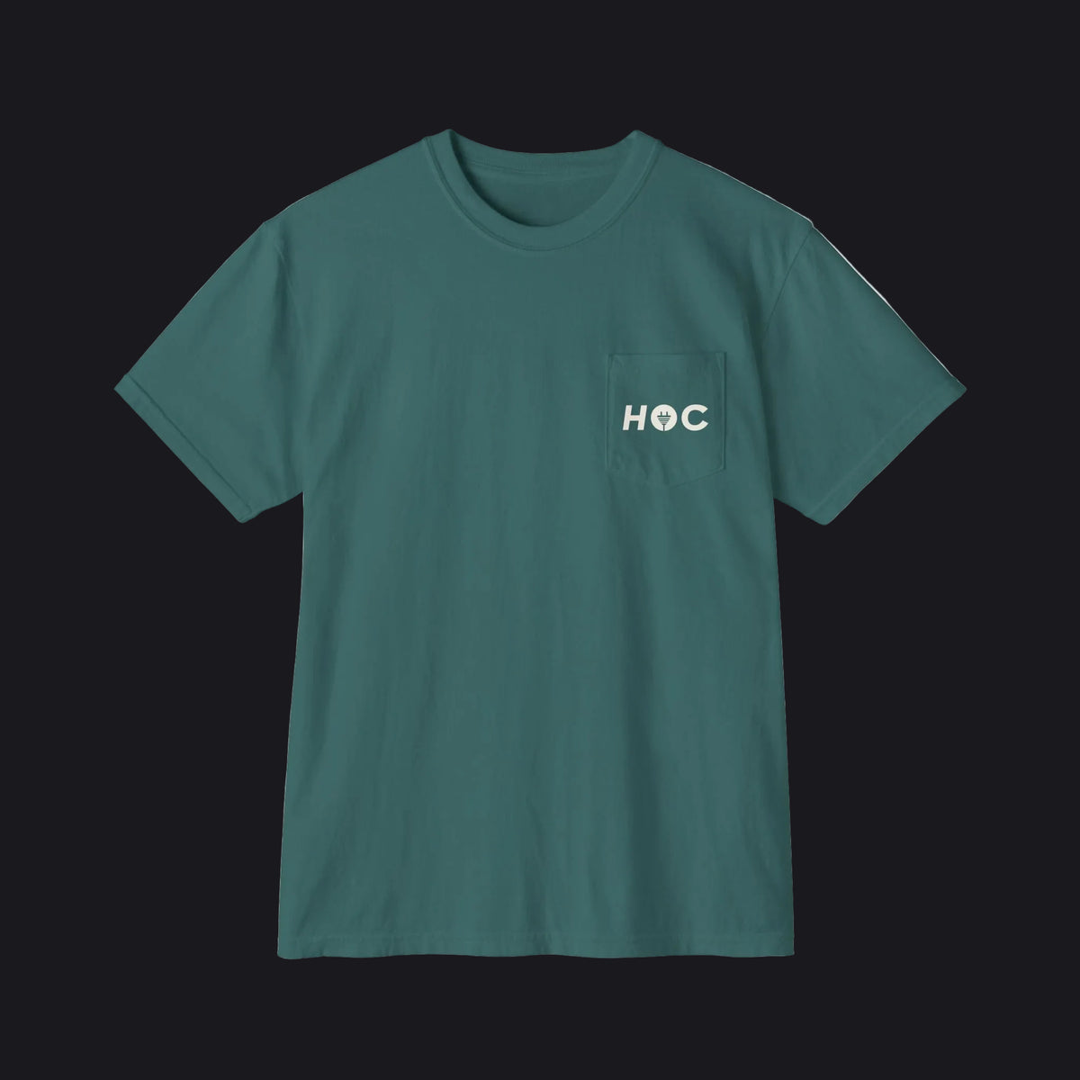 A dark teal green short-sleeve crewneck t-shirt with a left chest pocket featuring the white text 'HOC' printed on it, displayed against a solid white background.