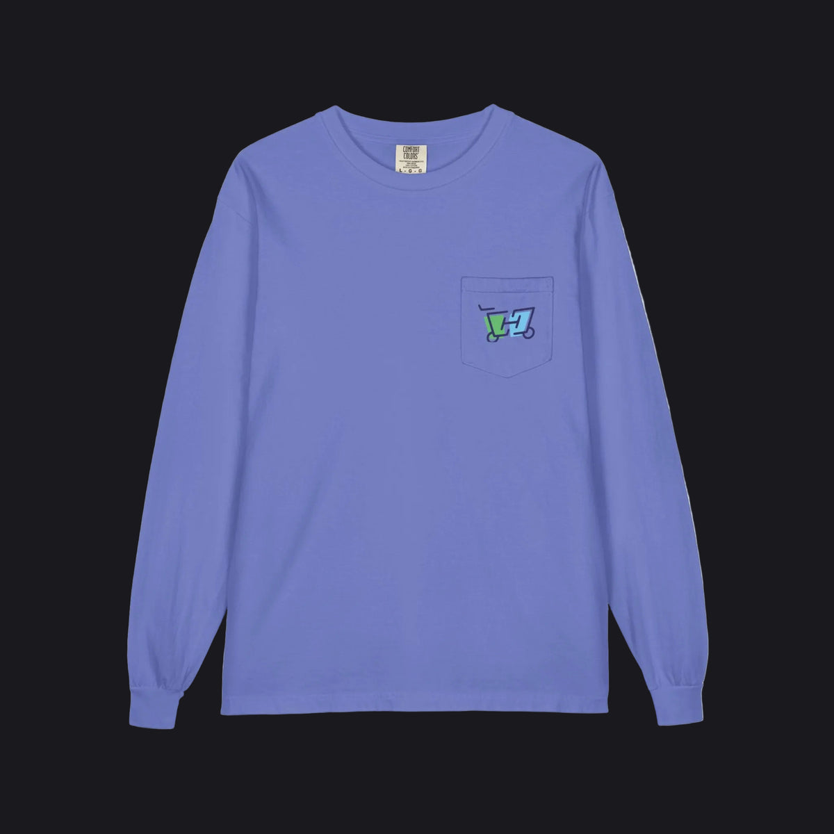 A long-sleeve crewneck shirt in periwinkle blue, featuring a small chest pocket on the left side with a colorful embroidered logo.