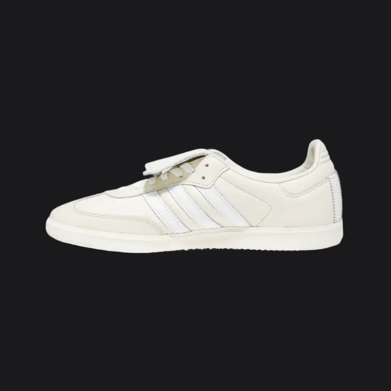 White sneaker with three stripes on a white background