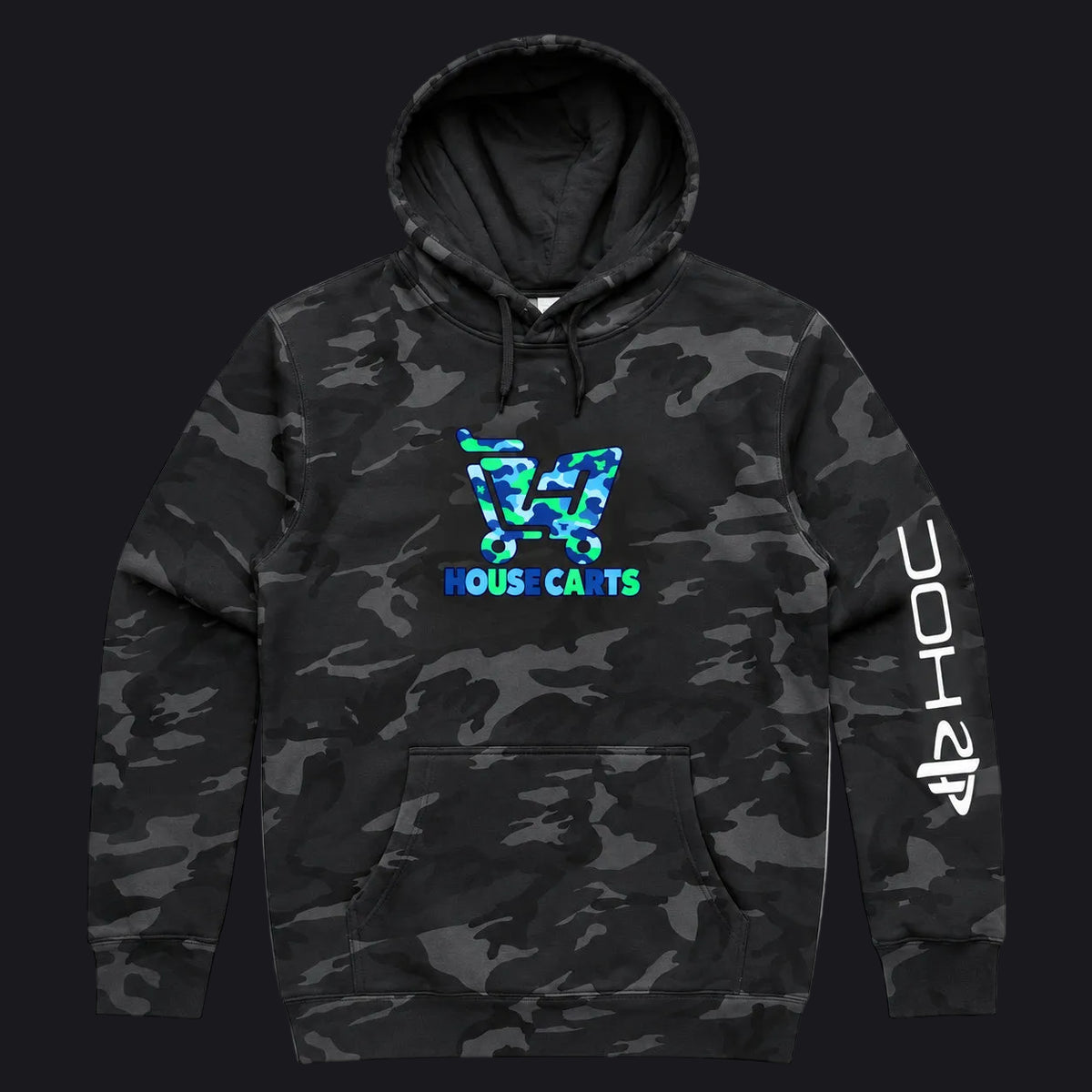 A black and gray camouflage hoodie featuring a blue and green shopping cart graphic with the text 'HOUSECARTS' on the chest, and a white PlayStation logo printed vertically on the right sleeve.