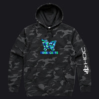A black and gray camouflage hoodie featuring a blue and green shopping cart graphic with the text 'HOUSECARTS' on the chest, and a white PlayStation logo printed vertically on the right sleeve.