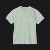 Light green t-shirt with text on a white background