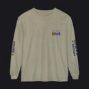 A sage green long-sleeve t-shirt with 'HOUSE CARDS' printed in blue on both sleeves, featuring a small multicolor military-style ribbon graphic on the left chest.