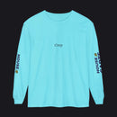 A light blue long-sleeve t-shirt with 't!rep' printed in black on the chest and 'HOUSE CARDS' with a crown logo in navy and yellow on both sleeves, shown on a plain white background.
