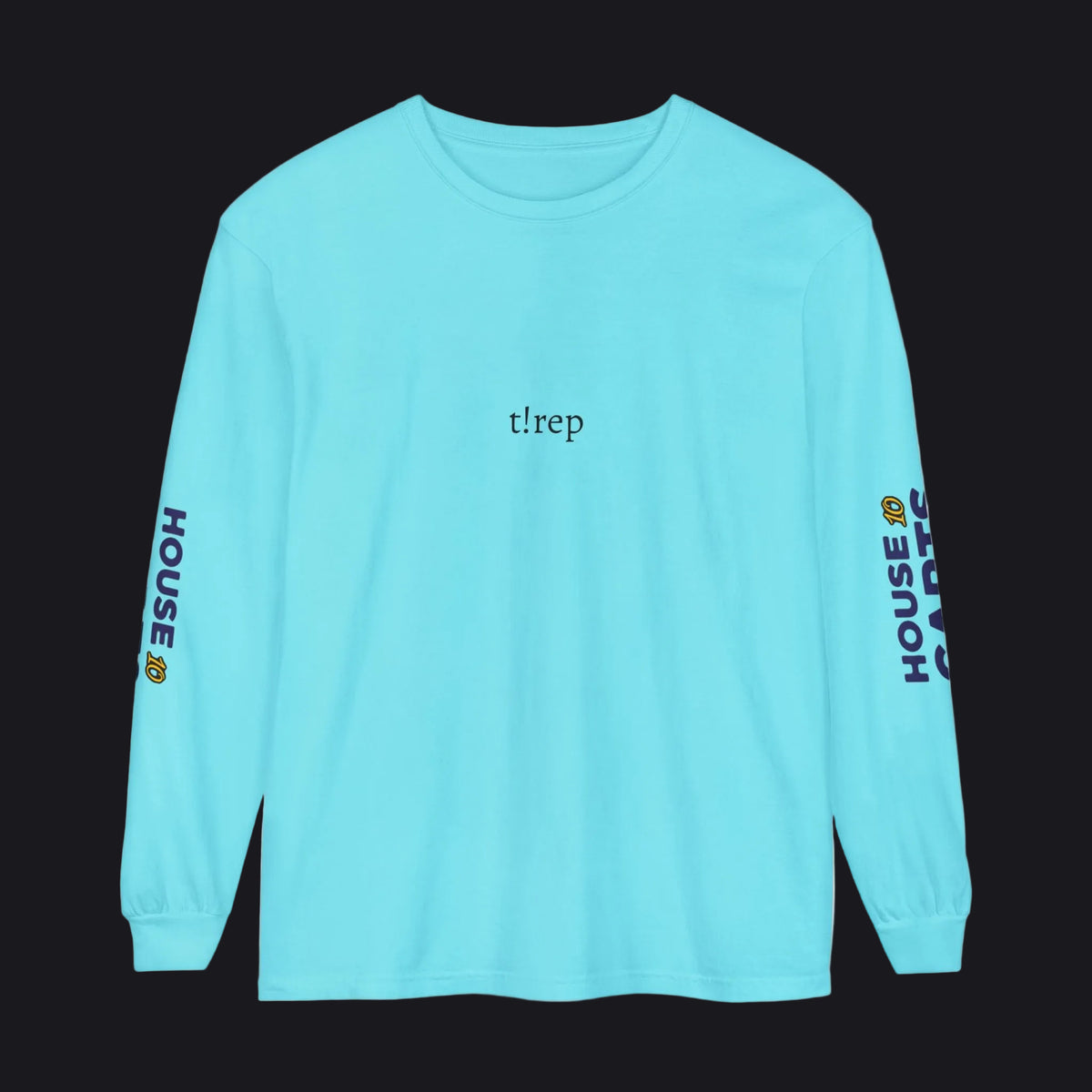 A light blue long-sleeve t-shirt with 't!rep' printed in black on the chest and 'HOUSE CARDS' with a crown logo in navy and yellow on both sleeves, shown on a plain white background.