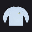 Gray sweatshirt with a colorful logo on a white background