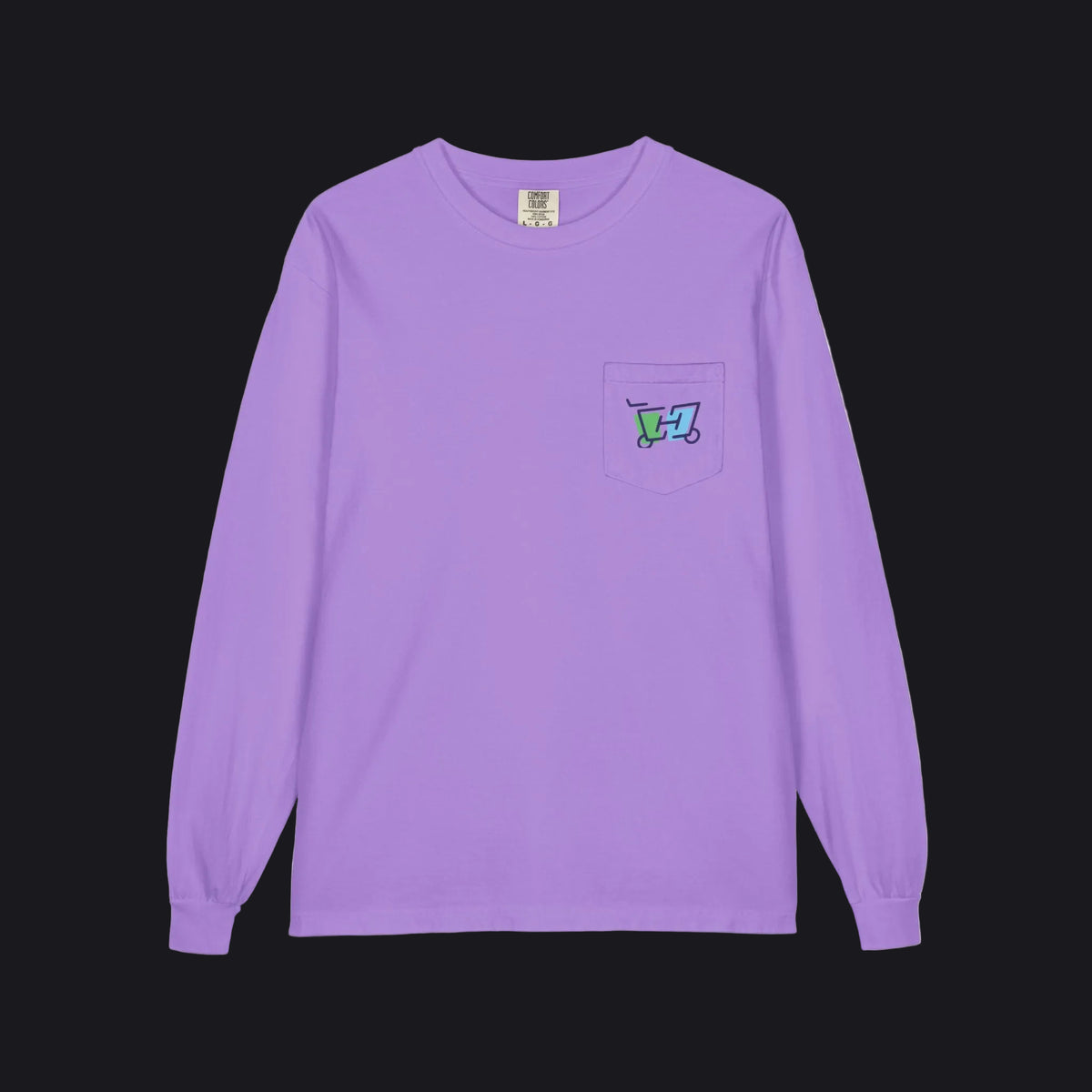 A lavender purple long-sleeve crewneck pocket shirt with a small colorful graphic on the left chest pocket, displayed on a clean white background.