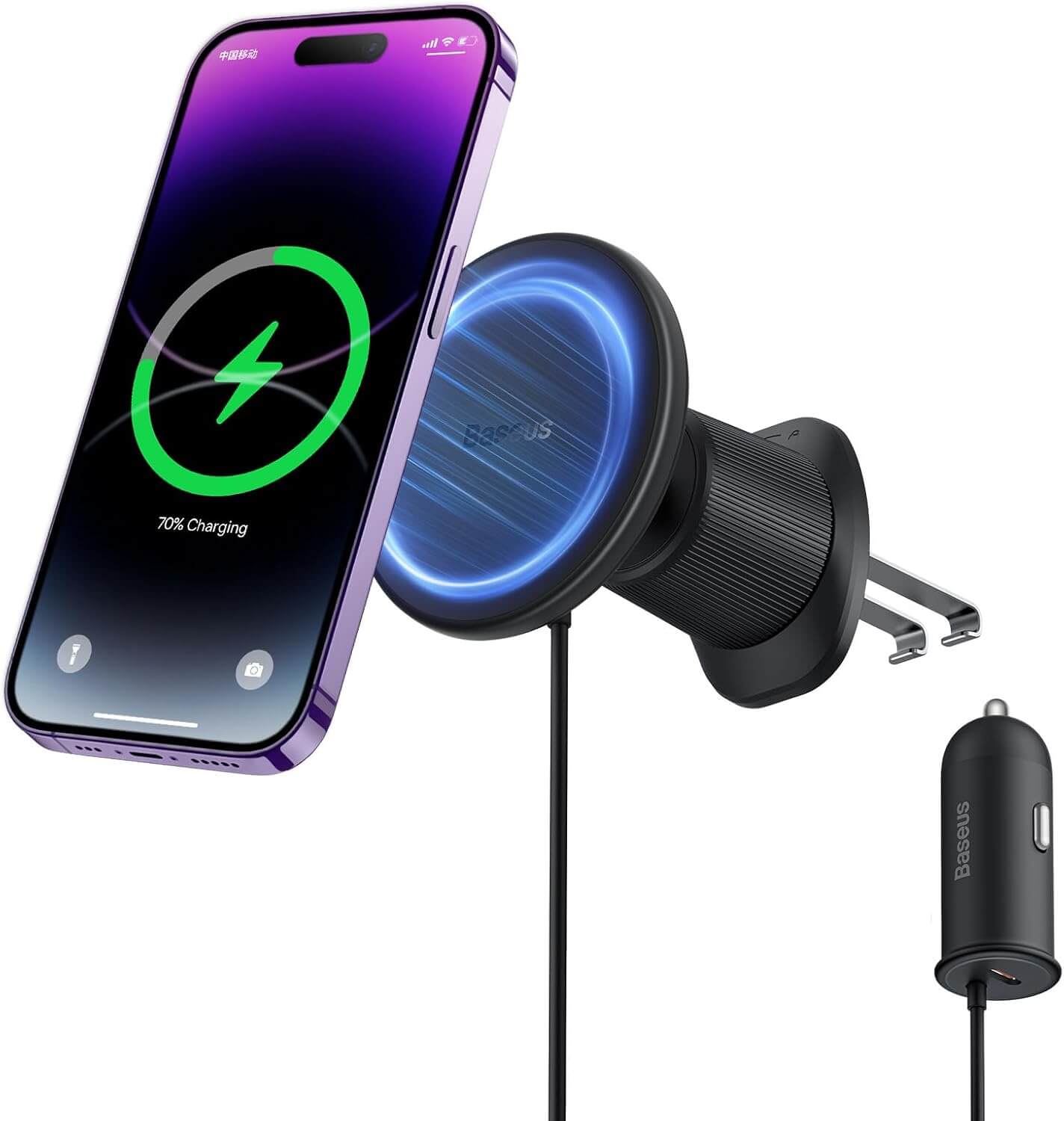 Magsafe Car Mount Charger, [All in One] Baseus 15W Fast Charging Phone Mount for Car Vent, Magnetic Wireless Car Charger with 40W USB A Car Charger and Cable for iPhone 15 14 13 12 Pro Max Plus
