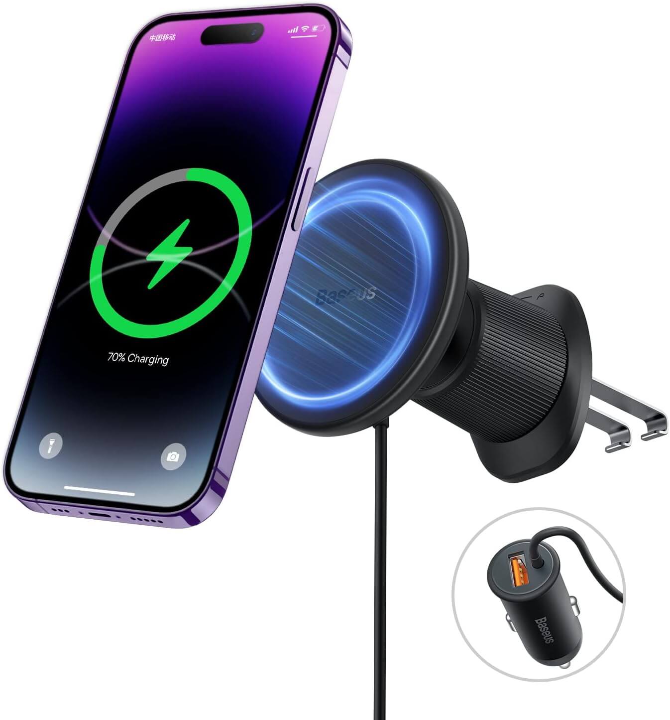 Magsafe Car Mount Charger, [All in One] Baseus 15W Fast Charging Phone Mount for Car Vent, Magnetic Wireless Car Charger with 40W USB A Car Charger and Cable for iPhone 15 14 13 12 Pro Max Plus