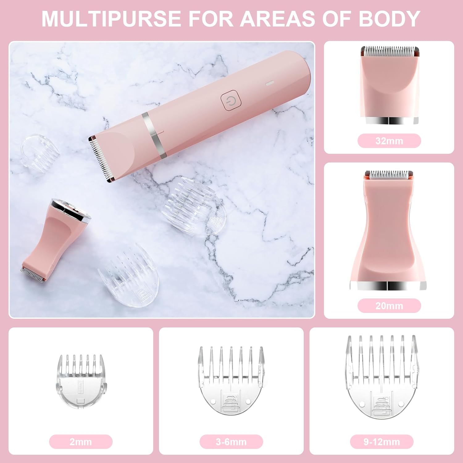 Bikini Trimmer for Women - 2 in 1 Electric Lady Pubic Hair Private Area Legs Arms Removal Personal Elecrtric Razor Shaver Rechargeable with Snap-in Ceramic Blades, Wet and Dry Use,Pink