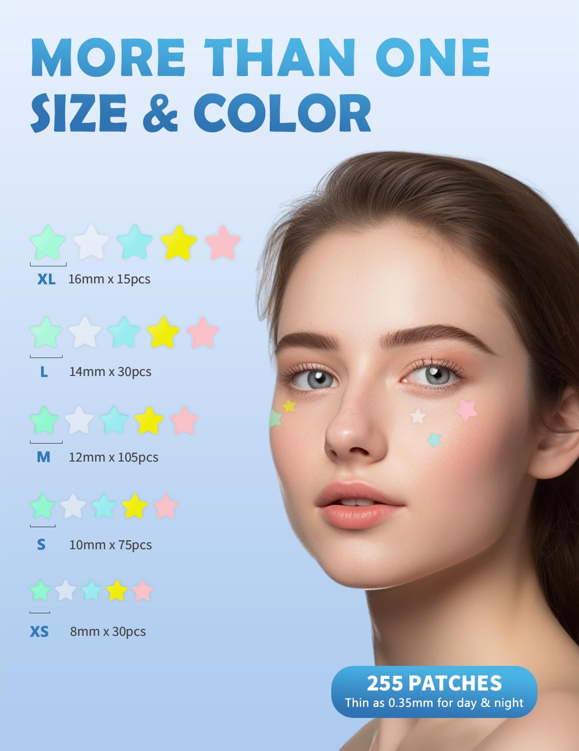 Pimple Patches for Face, 255 Pcs 5 Colors & 5 Sizes(8,10,12,14,16mm) Acne Patches Hydrocolloid Precise Matches Different Size, Cute Star Spot invisible Zit Covering, Absorbing Cover, Tea Tree