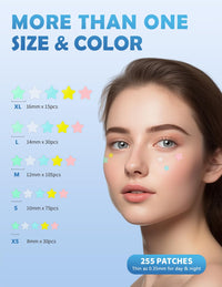 Pimple Patches for Face, 255 Pcs 5 Colors & 5 Sizes(8,10,12,14,16mm) Acne Patches Hydrocolloid Precise Matches Different Size, Cute Star Spot invisible Zit Covering, Absorbing Cover, Tea Tree