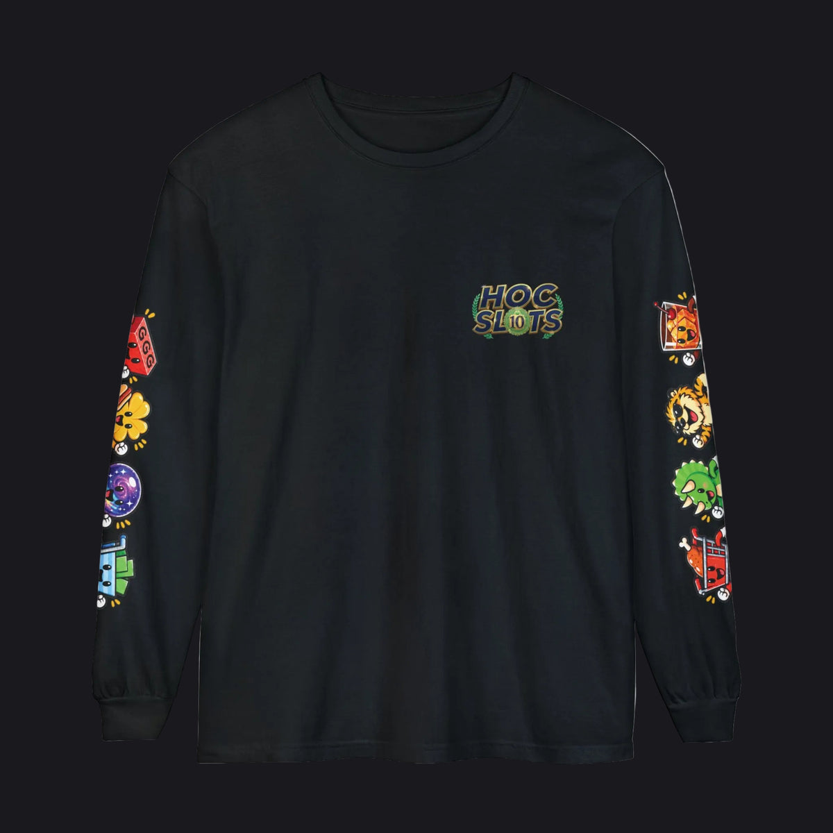 A black long-sleeve t-shirt with colorful graphic prints on both sleeves and a 'HOC SLATE' logo on the left chest, displayed on a clean white background.