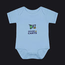 A light blue short-sleeve baby bodysuit with a 'HOUSE OF CARTS' graphic printed on the chest, displayed flat against a solid white background.